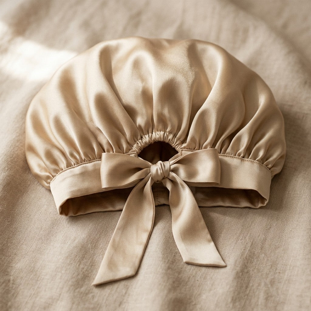 Champagne silk sleeping cap, long hair style